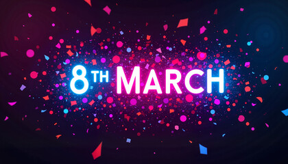 Colorful confetti and glowing 8th March text on dark background