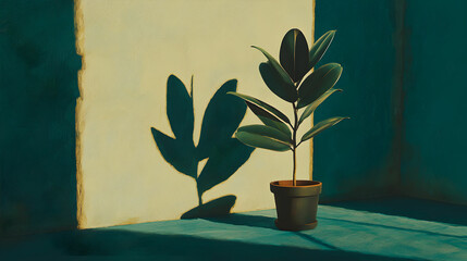 Indoor Plant with Shadow on Wall and Floor in Natural Lighting
