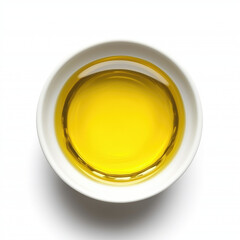 A small bowl of olive oil on a white background, top view