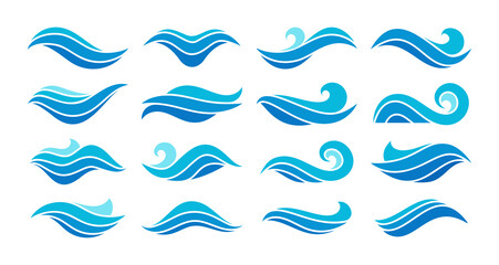Water waves, liquid splashing, sea ocean flow elements, nautical curvy symbol abstract pattern set