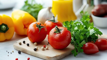 Ingredients for vegetarian dishes displayed on a white counter s 250 