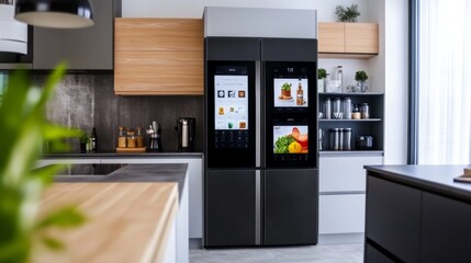 A contemporary smart refrigerator with a touchscreen interface in a modern kitchen, representing advancements in home convenience and tech integration, Kitchen scene