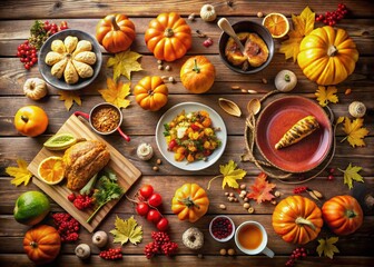 Aerial Thanksgiving Feast: Drone Shot of Autumn Harvest with Blank Space for Message