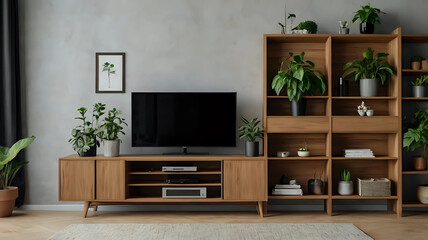 A modern wood cabinet with built-in shelving, featuring a black tv screen, house plants and home decor. Minimalist apartment design with television set in living room