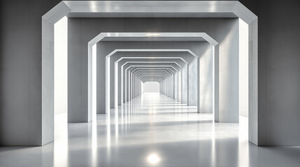 Empty modern corridor with octagonal pillars and shiny floor reflecting light