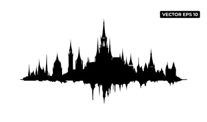 A silhouette of a castle-like structure with spires, resembling a sound wave pattern.