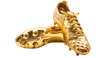 Pair of golden soccer football boots isolated on white and transparent background, cut out png