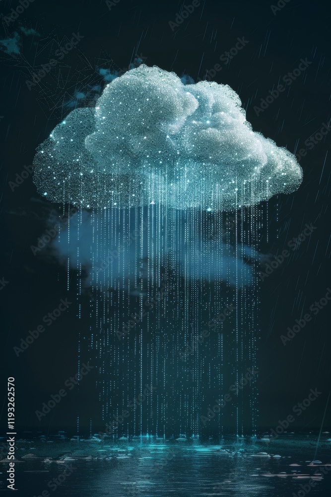 Poster dissolving data cloud raining information digital realm abstract art dark environment eye-level view