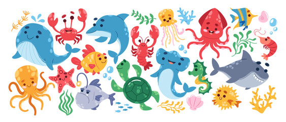 Obraz premium Cute cartoon sea and ocean animals, funny underwater world inhabitants colorful collection