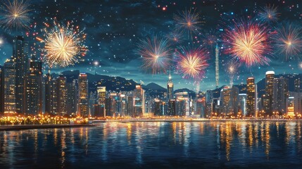 Obraz premium Vibrant Fireworks Display Over Cityscape Reflected in Water