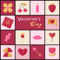 Background with romantic Valentines Day symbols - heart, flower, gift, balloon, cherry, strawberry, wine glass, candy.