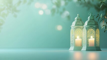 Soft Pastel Lanterns Glowing in Green Light with Gentle Background
