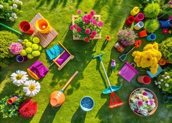 Fototapeta premium Aerial View: Colorful Cleaning Supplies & Bright Sunny Home - Drone Photography