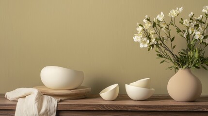 Minimalist white ceramics and flowers on beige background