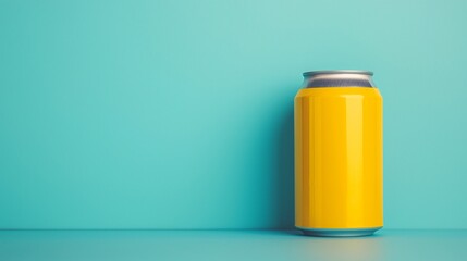 Yellow aluminum can on teal background.