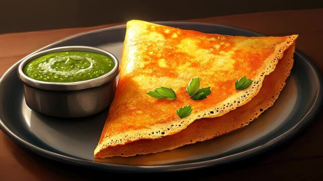 A golden dosa served with green chutney garnished with coriander leaves.