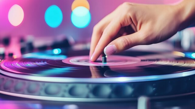 A hand adjusting a scratch turntable with colorful lights.