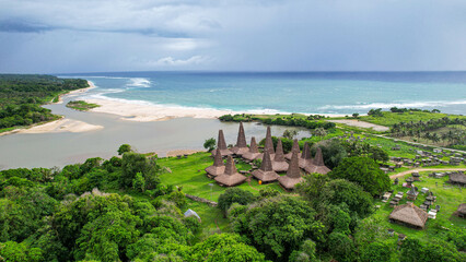 Aerial drone view of traditional house of Ratenggaro in Sumba, East Nusa Tenggara, Indonesia