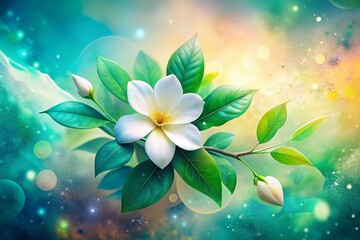 Aerial View: Delicate Watercolor White Flower & Green Leaves