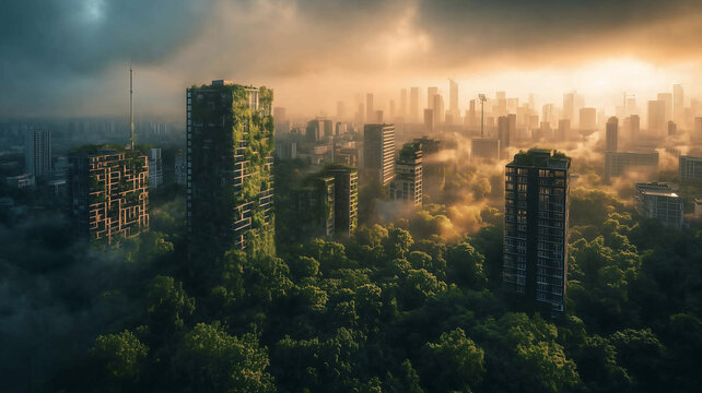 Green city  abandoned ghost town architectural design overgrown trees