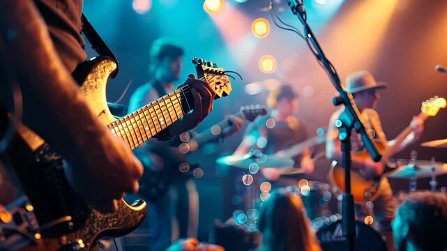 Live concert features energetic performances by local bands in vibrant downtown venue