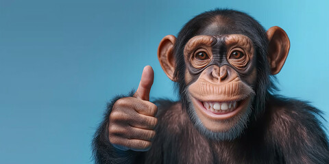 Smiling chimpanzee showing thumb up gesture on blue background