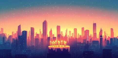 Fototapeta premium Cityscape Birthday Cake Underneath a Starlit Sky