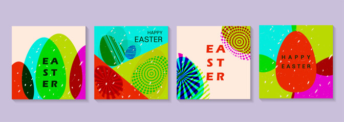  modern square Easter card design with typography and overlays. geometric minimalist style with simple shapes. Risograph effect with bright colors