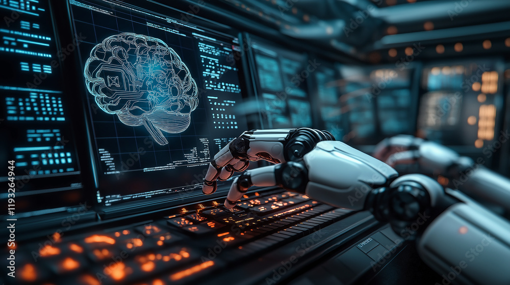 Poster Robot hands typing futuristic keyboard, creating artificial intelligence: brain on monitor screen