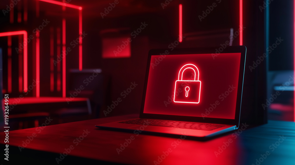 Poster laptop showing security padlock icon on screen in dark room with red lighting