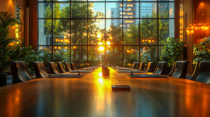 Corporate meeting room with a city view at sunset, reflecting vibrant hues on the sleek conference table