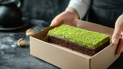 Pastry chef presenting a delicious matcha layered cake with pistachio topping in a rustic bakery setting
