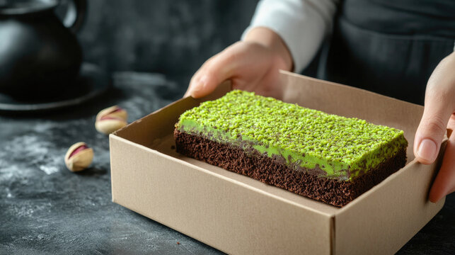 Pastry chef presenting a delicious matcha layered cake with pistachio topping in a rustic bakery setting