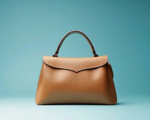 Elegant tan leather shoulder bag with subtle detailing isolated on a cool blue background