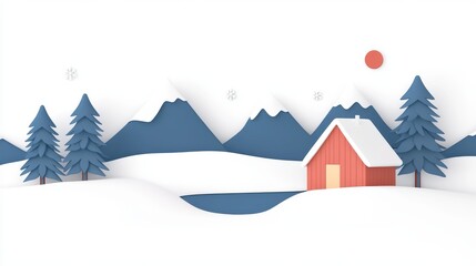 Cozy red cabin nestled in a snowy mountain landscape. Winter wonderland scene.