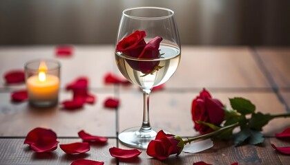 A romantic scene of a red rose floating in a wine glass filled with water, The glass is placed on a wooden table with scattered rose petals around it and the setting is softly lit with candlelight.