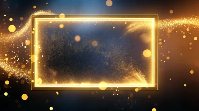 Yellow rectangular frame decorated with shining golden lights isolated dark background. Copy and paste area. 4k edition