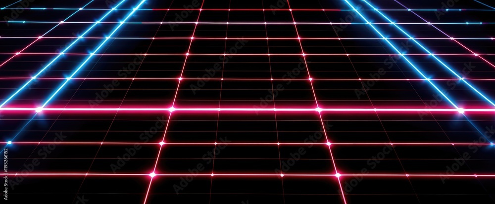Poster Neon grid lines intersect on dark background vibrant digital pattern
