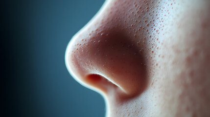 Fototapeta premium Close up of red irritated nose, emphasizing the discomfort and struggle of allergies or cold symptoms, highlighting the human vulnerability and resilience in the face of common ailments.nasal, congest