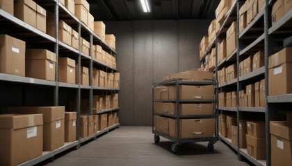 A tidy storage area with boxes and files on shelves and a cart full of additional supplies, cardboard containers, paper products