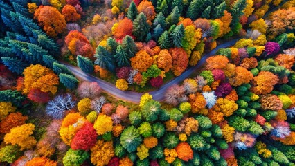 Aerial View Ink Drawing Trees Autumn Leaves Drone Photography