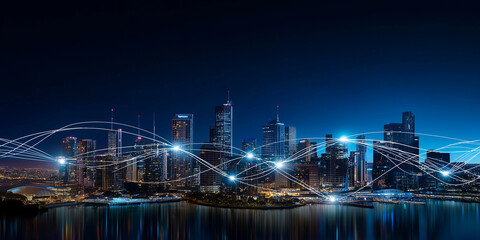 Brisbane skyline showing interconnected network at night