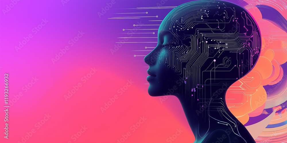 Leinwandbilder Artificial intelligence: humanoid robot showing circuit board pattern and data flowing