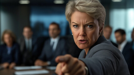 Businesswoman pointing finger accusingly at meeting