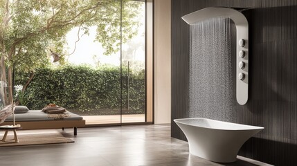 A contemporary smart shower with customizable settings and a sleek design in a modern bathroom, representing advancements in personal care and home comfort, Bathroom scene