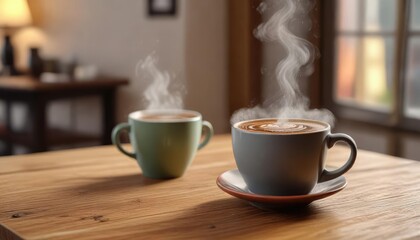 Fototapeta premium A sturdy wooden table supports a steaming cup of coffee, symbolizing stability and dependability, strength, resilience, reliable furniture