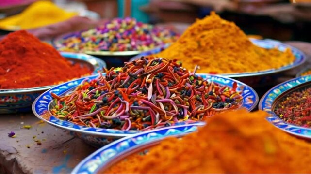 Rotate Plate with Colorful spices and dyes found at souk market in Marrakesh, Morocco High quality HD 4K Video Clip