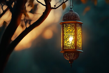 Ornate lantern hanging from tree at sunset symbolizing ramadan