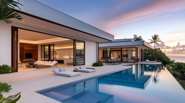 Modern luxury beachfront villa with infinity pool overlooking tropical ocean at sunset