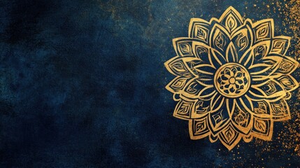 Elegant golden mandala design on deep blue textured background